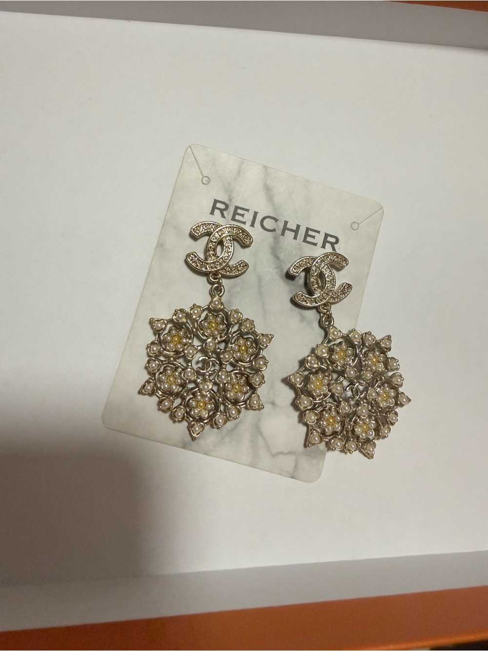 Gold-Tone Floral Drop Earrings with Pearlescent Accents